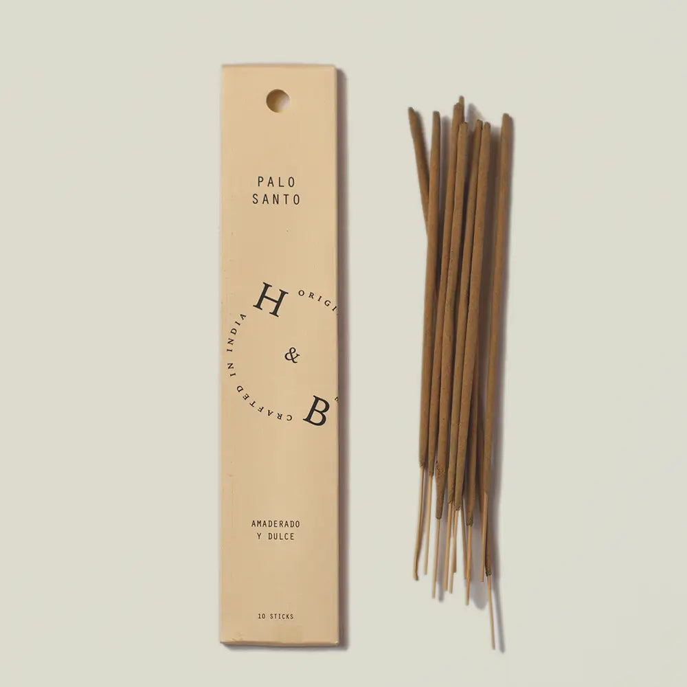 Palo Santo incense sticks by H&B, natural wood aroma, hand-rolled organic texture, resin-based cleansing and relaxing scent ritual, heritage botanical essence, fragrance origin Ecuador.