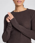 Brown long-sleeve t-shirt made from 100% GOTS-certified organic cotton, minimalist fit, smooth natural fabric texture, curated wardrobe staple.