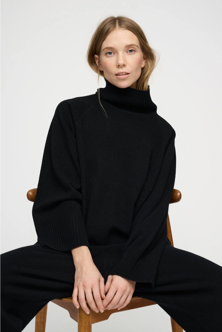Black merino wool roll-neck (turtleneck) sweater, soft knit texture, timeless silhouette, minimalist wardrobe essential.
