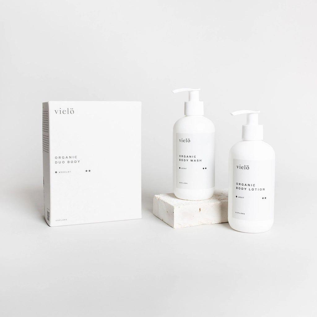 Sulfate-free Organic Body Wash and Organic Body Lotion set (250 ml + 250 ml) by Vielö, clean minimalist packaging, silky lotion and gel textures, Nordic curated lifestyle essential. Crafted in Austria, gentle cleansing and deep hydration ritual for all skin types.