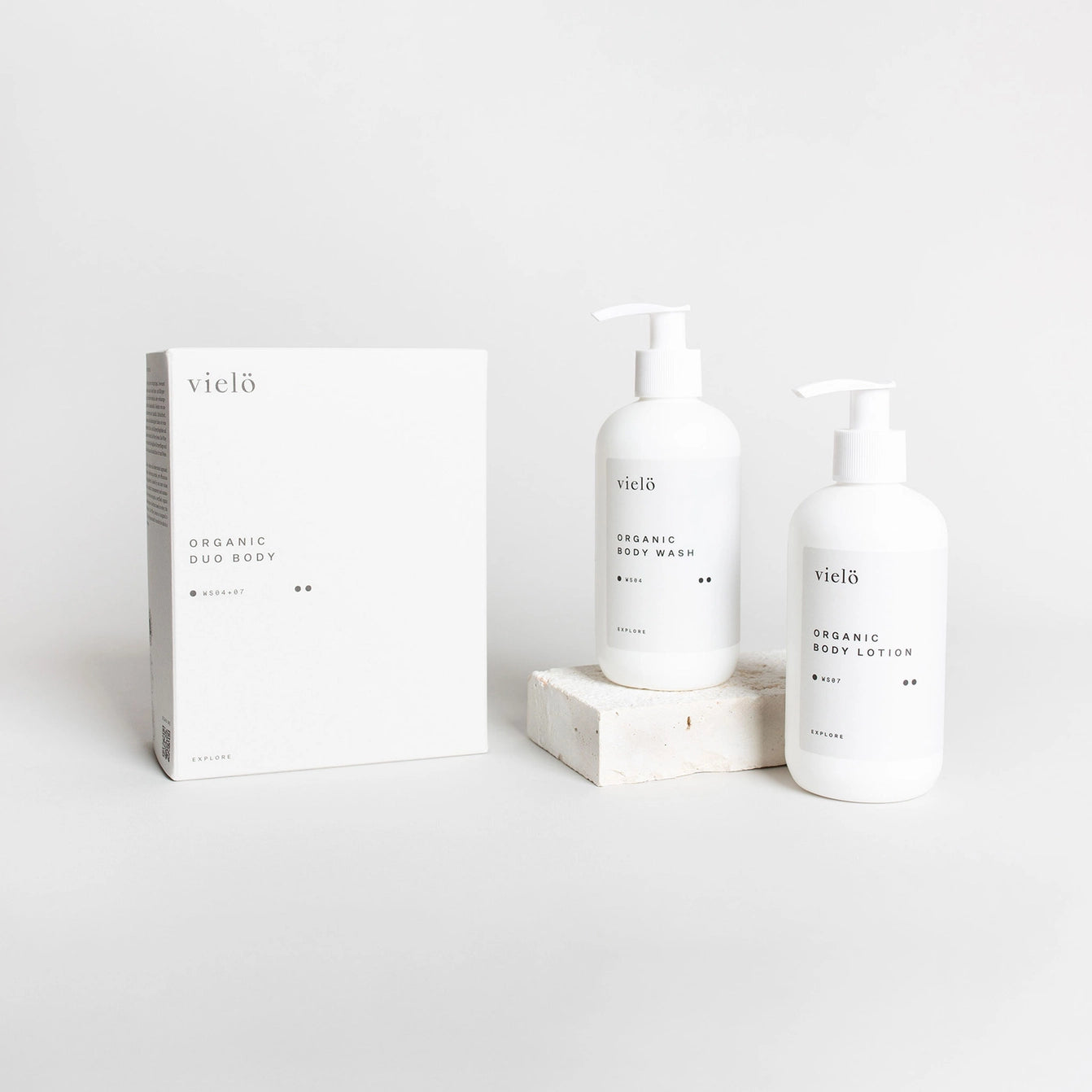 Sulfate-free Organic Body Wash and Organic Body Lotion set (250 ml + 250 ml) by Vielö, clean minimalist packaging, silky lotion and gel textures, Nordic curated lifestyle essential. Crafted in Austria, gentle cleansing and deep hydration ritual for all skin types.