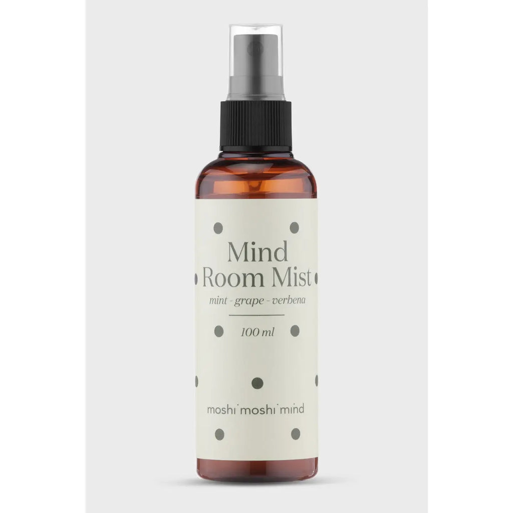 Aroma room mist and essential oils in minimalist packaging, grape-verbena-mint blend, refreshing air-cleansing concept, Nordic lifestyle curation, smooth clean design aesthetic.