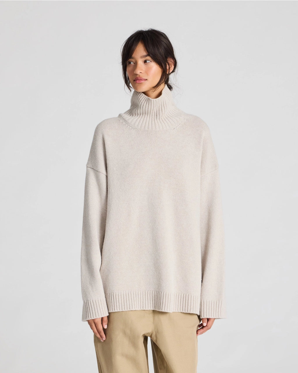 Beige merino wool roll-neck (turtleneck) sweater, soft fine knit, timeless silhouette. Inspired by quiet luxury, minimalist styling.