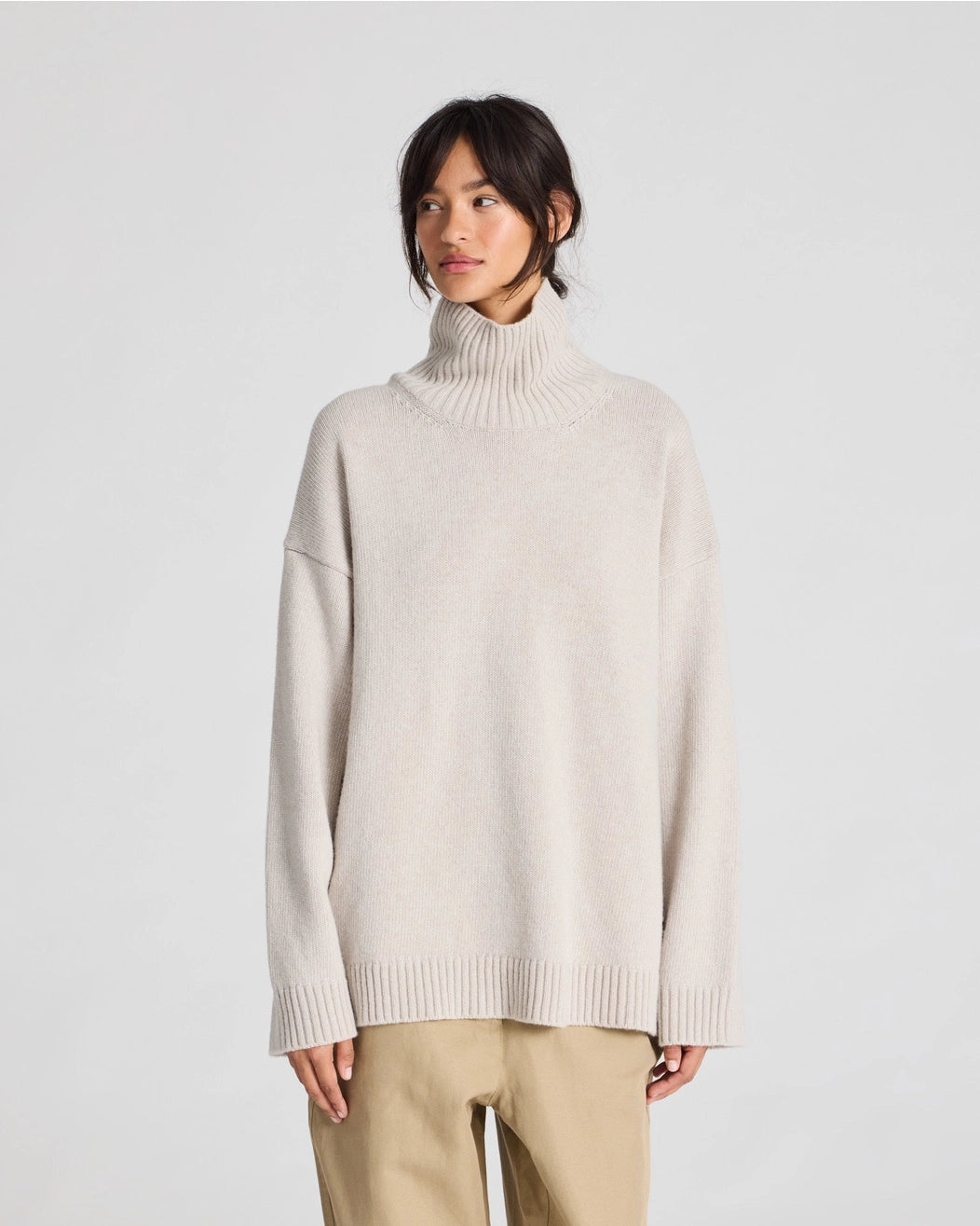 Beige merino wool roll-neck (turtleneck) sweater, soft fine knit, timeless silhouette. Inspired by quiet luxury, minimalist styling.